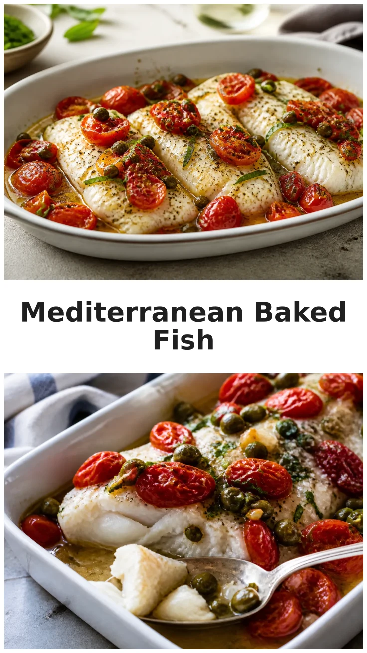 Fresh Mediterranean Oven Baked White Fish with Tomatoes and Capers Fresh Mediterranean Oven Baked White Fish with Tomatoes and Capers