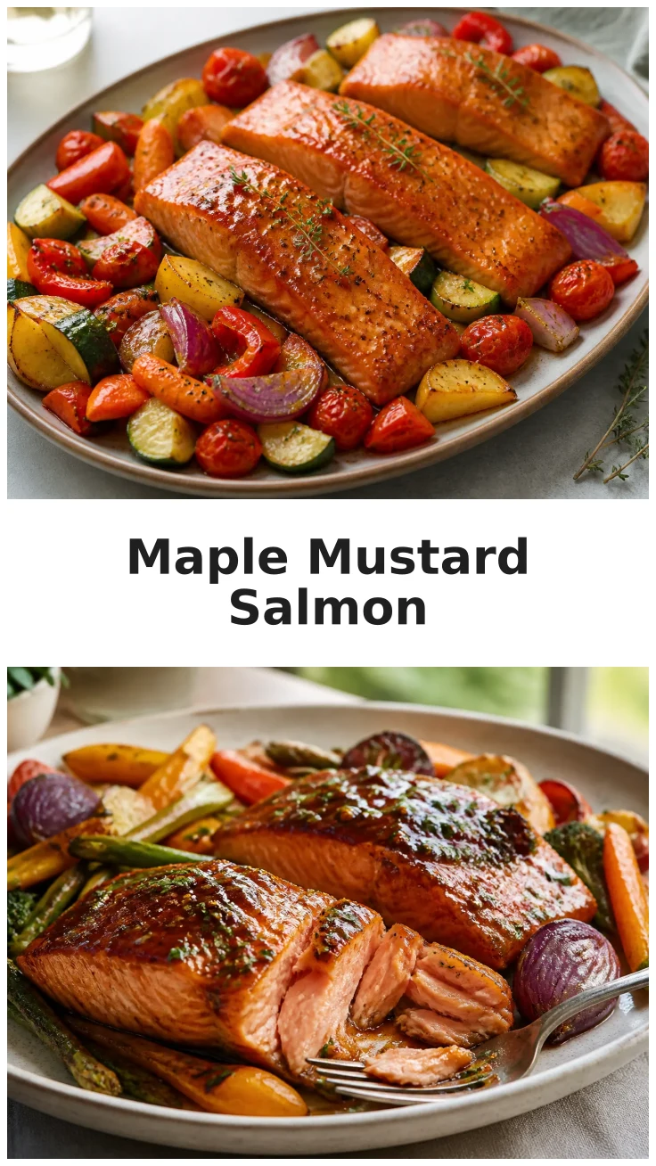 Juicy Maple Mustard Sheet Pan Salmon with Roasted Veggies Juicy Maple Mustard Sheet Pan Salmon with Roasted Veggies