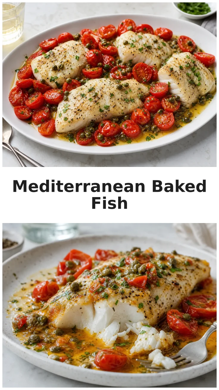 Colorful Baked Mediterranean White Fish with Cherry Tomatoes and Caper Sauce Colorful Baked Mediterranean White Fish with Cherry Tomatoes and Caper Sauce